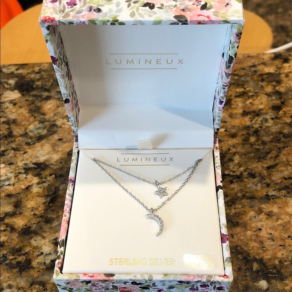 Luminous sterling silver star and moon necklace